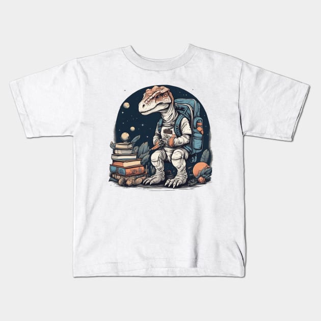 Back to school space dinosaur cute dinosaur books school first second grade pre-school design for kids children Kids T-Shirt by Edgi